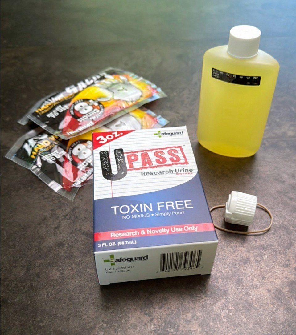 UPass complete kit contents: 3oz bottle, heating pads, temperature strip, dispensing cap